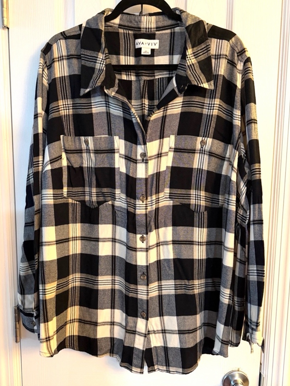 Ava & Viv Plaid Flannel Shirt Black White Button Down Plus Size 2X